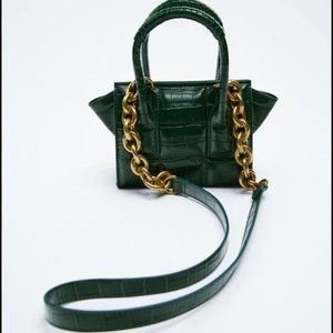 Zara green animal print mini crossbody bag with gold chain